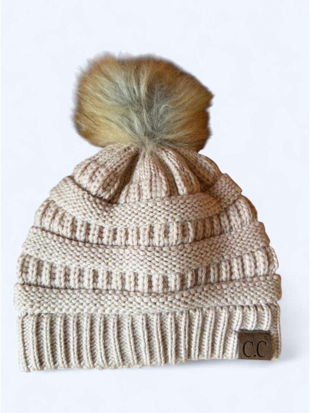 C.C cream knit beanie with faux fur pom